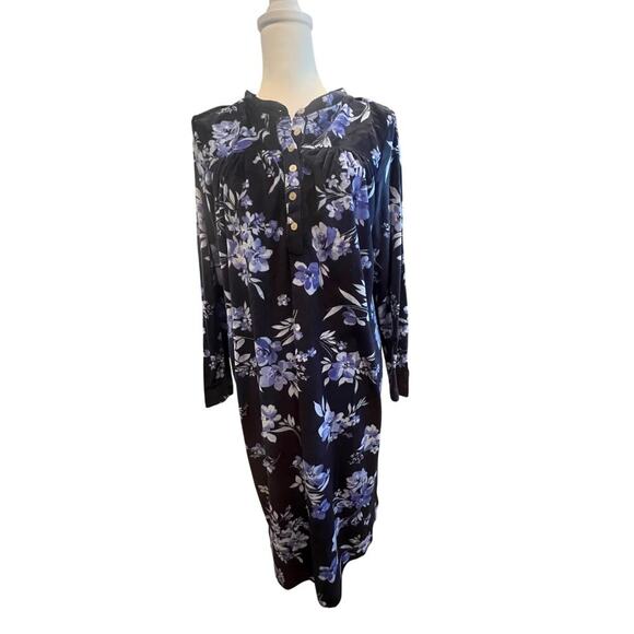 ARIA WARM FUZZY BLUE ROSE FLORAL 3/4 BUTTON NECK NIGHTGOWN WOMENS MEDIUM - Picture 1 of 10